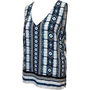 Liverpool Los Angeles Shibori Geometric V-Neck Tank Top Large Blue White Boho